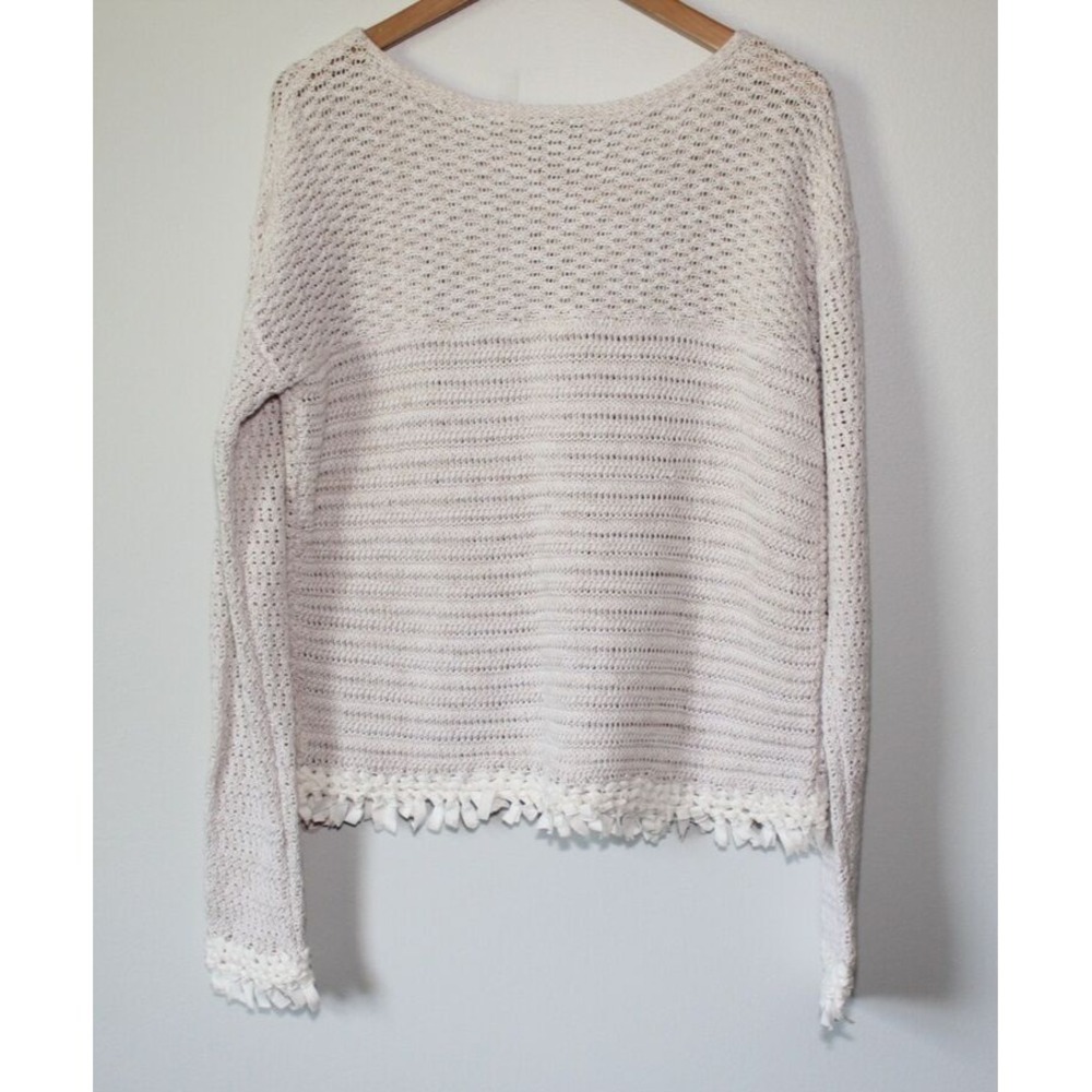 ✨2/$20 White + Warren Open Knit Fringe Trim Sweater Oatmeal Large Boho Coastal - Picture 12 of 16